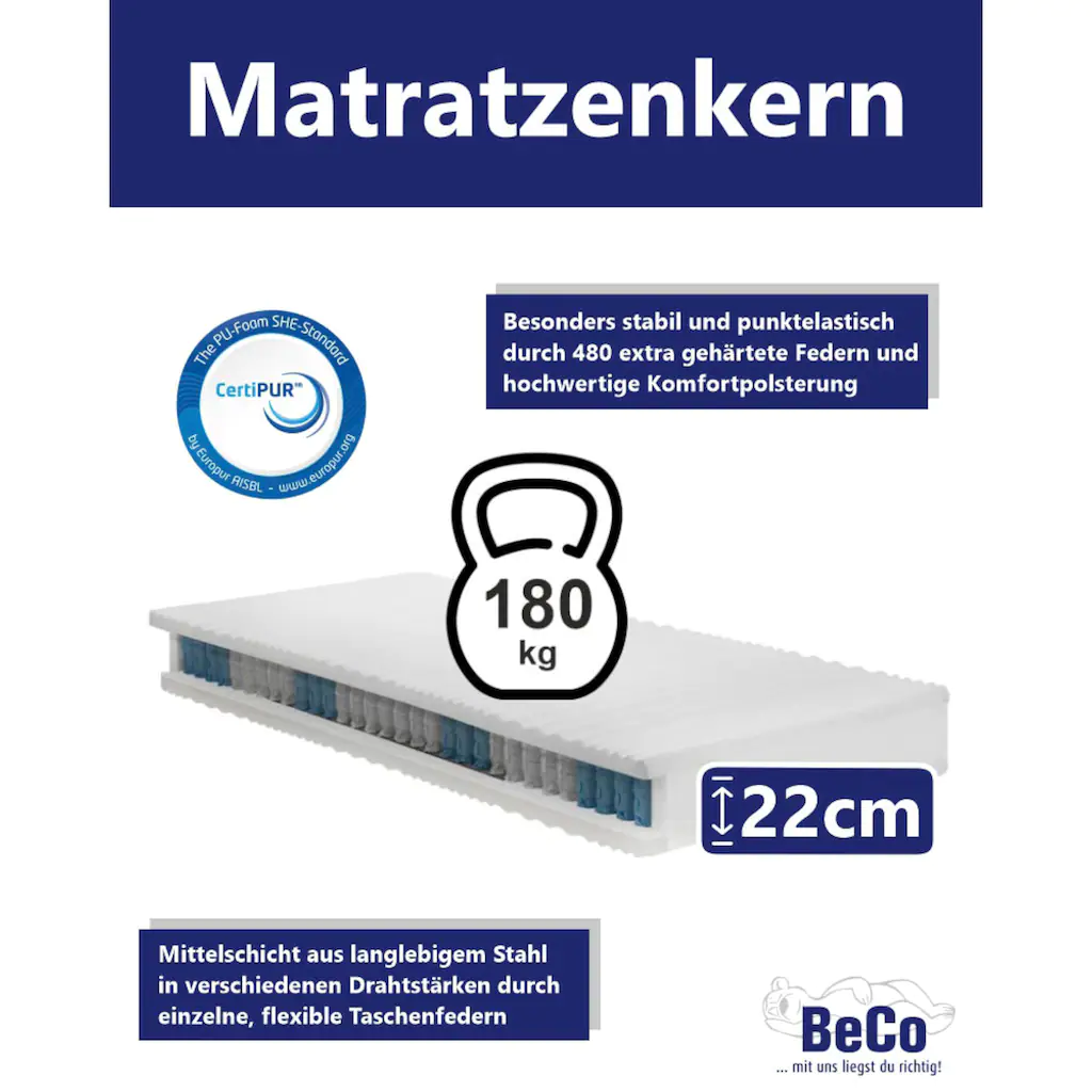 BeCo EXCLUSIV Taschenfederkernmatratze »BodyMax«, 22 Cm Cm Hoch, 480 Federn, (1 St.), Bis 180 Kg Belastbar (lt. Prüfinstitut "Hansecontrol") – Bild 4