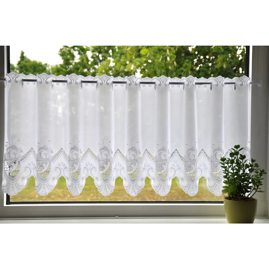 Stickereien Plauen Scheibengardine »Anika«, (1 St.), Veredelt Mit Echter Plauener Spitze Stickerei – Bild 2
