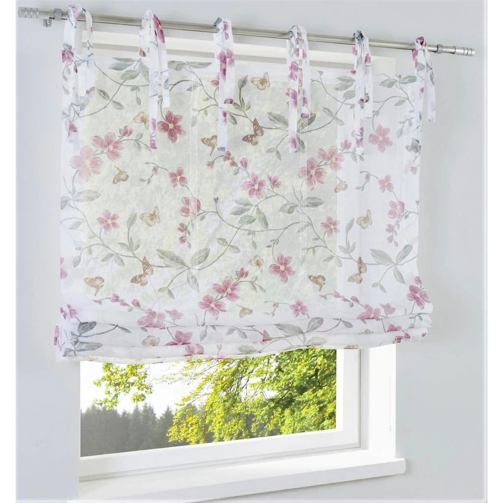 Kutti Raffrollo »Lilu«, Mit Bindebänder, Freihängend, Weiß, Halbtransparent, Bedruckt, Gemustert, Bindeschlaufen