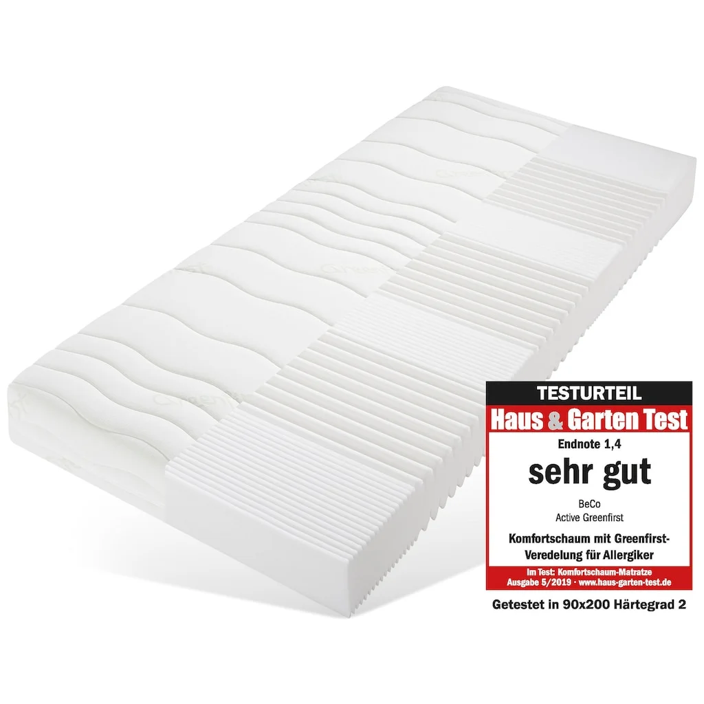 Beco Komfortschaummatratze »Matratze Active Greenfirst - Besonders Hygienischer Matratzenbezug «, 18 Cm Hoch, Raumgewicht: 28 Kg/m³, (1 St.), Vom Verbraucher-Magazin Haus & Garten Getestet Mit "SEHR GUT" Note 1,4* - Getestet In Gr. 90x200 Cm H2.