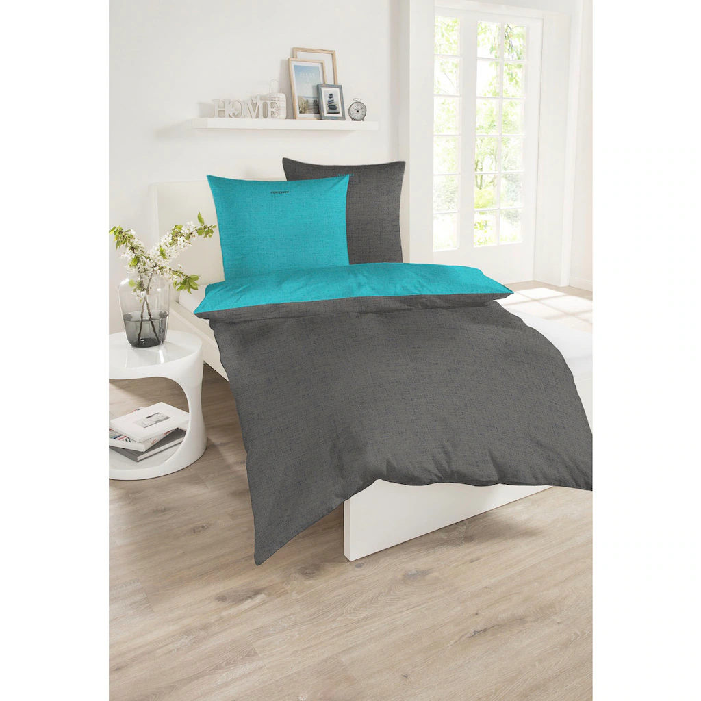 Schiesser Wendebettwäsche »Doubleface«, (2 Tlg.), Mit Logostickerei Auf Dem Kissenbezug, In Kühlender Renforcé Qualität Und Wärmender Biber Qualität (Flanell) Aus 100% Baumwolle, Bett- Und Kopfkissenbezug Mit Reißverschluss, Nachhaltig