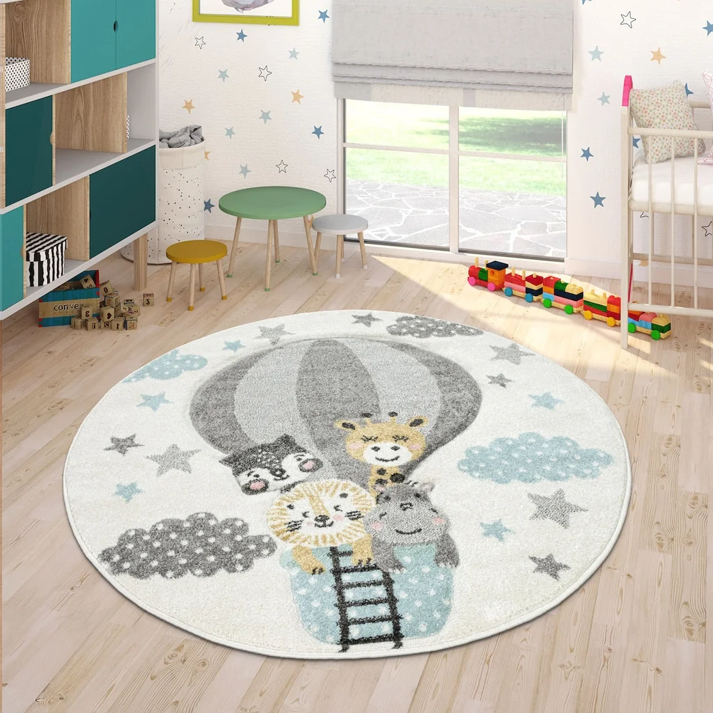 Paco Home Kinderteppich »Cosmo 343«, Rund, 3D-Design, Niedliches Tier Motiv, Pastell-Farben, Kinderzimmer