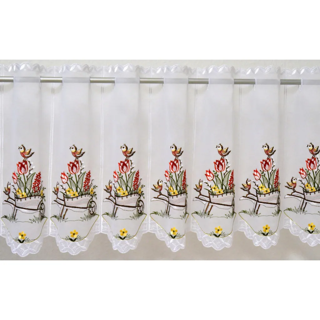 Stickereien Plauen Scheibengardine »Schubkarre«, (1 St.), Veredelt Mit Echter Plauener Spitze Stickerei